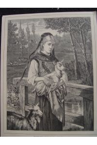 Das kranke Zicklein Ziege Frau trägt Zicklein auf dem Arm romantischer Holzstich um 1880