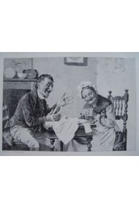 Opa und Oma beim Stricken. Wunderschöner Genre Holzstich um 1880