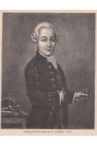 Wolfgang Amadeus Mozart im 21. Lebensjahre, Holzstich um 1891 mit Mozart im Halbportrait, Blattgröße: 15 x 11, 7 cm, reine Bildgröße: 14, 2 x 11, 2 cm.