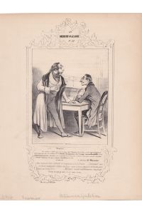 Aktienmanipulation, schöne Lithographie um 1840 von Honoré Victorin Daumier (1808 - 1879) mit Text und Schmuckrahmen, Blattgröße: 26, 8 x 20, 8 cm, reine Bildgröße: 23, 5 x 13, 5 cm.