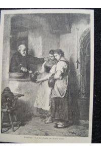 Klostersuppe. Ein Mönch reicht Suppe an zwei junge Frauen. Reizender Genre Holzstich um 1880