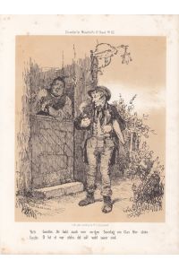 Bier, Schänke, Wirt, Pfeife, Tabak, Lithographie um 1855 aus Düsseldorfer Monathefte, Blattgröße: 26, 5 x 20 cm, reine Bildgröße: 23 x 16, 8 cm.
