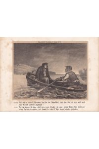 Boot, Regen, See, Fährmann, Fähre, Lithographie um 1855 aus Düsseldorfer Monathefte, darunter typographisch bedruckt. Blattgröße: 20, 5 x 27 cm, reine Bildgröße: 18, 5 x 20, 5 cm.