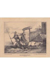Comische Militär Scenen, Schwein, Uniform, Armee, Gewehr, Bajonett, Lithographie um 1860, Blattgröße: 19 x 24, 2 cm, reine Bildgröße: 16, 5 x 20 cm.