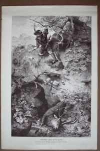 Altdeutscher Jäger auf der Pürsch, Holzstich um 1877 nach Karl Schultheiß, Blattgröße: 41 x 27, 5 cm, reine Bildgröße: 36 x 22, 8 cm.