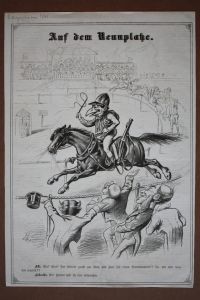 Auf dem Rennplatze, Pferd, Jockey, Kikeriki, Lithographie um 1870 darunter typographisch bedruckt, Blattgröße: 37 x 25, 5 cm, reine Bildgröße: 35, 3 x 24, 5 cm.