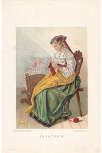 Alsacienne, Tracht, Kostüm, Stricken, Kind, schöne Chromolithographie um 1875 mit Mutter und Säugling in Wiege, Blattgröße: 27, 5 x 18 cm, reine Bildgröße: 20 x 13 cm.