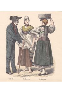 Aschbach, Weissenburg, Kochersberg, Trachten, Kostüme, altkolorierter Holzstich um 1890, Blattgröße: 17, 8 x 15, 5 cm, reine Bildgröße: 16, 5 x 12, 5 cm.