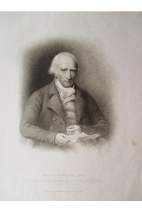 Portrait. Halbfigur mit Brille und Manuskript in der Hand. Stahlstich von J. Freeman nach dem gemälde von J. J. Masquerier, Bild: 38 x 33 cm, Blatt: 45 x 34 cm, um 1820.