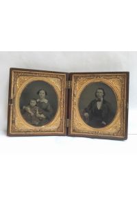 Union Case,   - mit 2 frühen Ferrotypien hinter Glas, Mann und Frau mit Kind