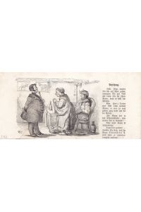 Arzt, Doktor, Patient, Diagnose, Visite, humoristischer Holzstich um 1865 rechts typographisch bedruckt, Blattgröße: 9, 8 x 20 cm, reine Bildgröße: 8, 5 x 15, 5 cm.