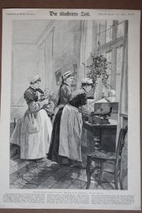 Aus dem Pariser Kinder Hospital, Das Wiegen der Säuglinge, Hebammen, großformatiger Holzstich von 1887 von F. de Haenen, Blattgröße: 37, 5 x 26, 2 cm, reine Bildgröße: 31, 5 x 22 cm.