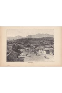 Ansicht von Soul, Seoul Südkorea, Holzstich um 1875, Blattgröße: 18, 7 x 18, 5 cm, reine Bildgröße: 15, 5 x 21, 5 cm.