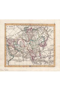 Asien Landkarte, kleinformatiger, altkolorierter Kupferstich mit einer Landkarte des asiatischen Kontinents, Blattgröße: 12, 5 x 14, 5 cm, reine Bildgröße: 10, 2 x 12 cm.
