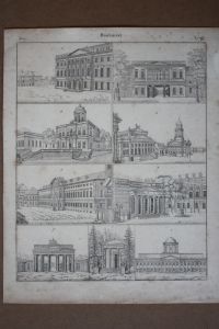 Brandenburger Tor, Gendarmenmarkt, Schauspielhaus, Stahlstich um 1850 als Sammelblatt mit neun Einzelabbildungen, Blattgröße: 28 x 22, 2 cm, reine Bildgröße: 25, 2 x 19, 5 cm.