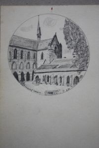Innenhof Kloster Chorin, original Bleistiftzeichnung Anfang 20. Jhd. in Tondoform, Blattgröße: 16, 7 x 9, 5 cm, reine Bildgröße: 7, 5 x 7, 5 cm.