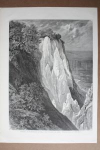 Kreidefelsen bei Stubbenkammer auf Rügen, vom Königsstuhl aus gesehen, Holzstich um 1885 nach einer Originalzeichnung von Ernst Heyn, Blattgröße: 37, 8 x 27 cm, reine Bildgröße: 31 x 23 cm.