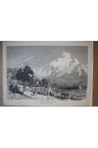Hamburg, Ansicht von Neumühlen an der Elbe, großformatiger Holzstich um 1875 mit Blick auf eine Strandszene, Blattgröße: 27, 8 x 39 cm, reine Bildgröße: 24, 5 x 35 cm.
