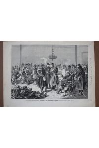 Im Wartsaal 3. Klasse auf dem Bahnhofe zu Saarbrücken, Militär, Holzstich um 1880 nach einer Originalzeichnung von Ph. Müller, Blattgröße: 27 x 37 cm, reine Bildgröße: 22, 5 x 31 cm.