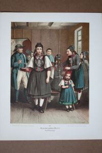Grossherzogthum Hessen Amt Biedenkopf, Tracht, Kostüm, Kleidung, Mode, Kind, Chromolithographie um 1890 von A. Kretschmer, Blattgröße: 31, 7 x 25, 5 cm, reine Bildgröße: 27 x 19, 5 cm.