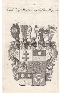 Land-Gräffl. Hessen-Casselisches Wappen, Heraldik, Kupferstich um 1750 mit reich ausstaffiertem Wappenschild und Helmzier, Blattgröße: 19, 5 x 11, 5 cm, reine Bildgröße: 16 x 10 cm.