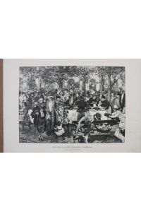 Bad Kissingen, Morgenbuffet der Feinbäcker in Kissingen, Holzstich von 1895 nach dem Gemälde von Adolph Menzel, Blattgröße: 31 x 44 cm, reine Bildgröße: 26, 5 x 34 cm.