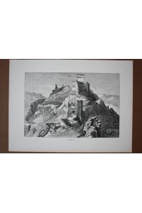 Alarcón, Júcar, Holzstich um 1880 mit schönem Blick auf den Ort aus der Natur heraus, Blattgröße: 23, 5 x 31, 5 cm, reine Bildgröße: 17 x 24 cm.