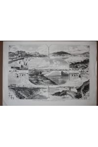 Am Golf von Biscaya, Biarritz, San Sebastian, Holzstich von 1881 als Sammelblatt mit fünf Einzelabbildungen, Blattgröße: 27, 7 x 39, 8 cm, reine Bildgröße: 23, 5 x 34, 5 cm.