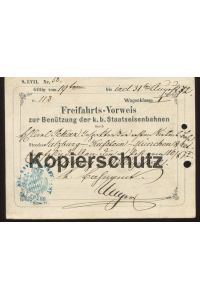 Freifahrts-Vorweis zur Benützung der. k. b. Staatseisenbahnen. Strecke Slazburg - Kufstein - München vom 19. August 1872.