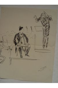 Max Lange, Federzeichnung. Solist mit Cello bei Konzert monogrammiert ML um 1930