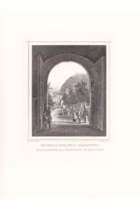 Blick durch das Burgthor in Budapest, Stahlstich um 1850 von J. M. Kolb nach L. Rohbock, Blattgröße: 28, 5 x 20, 5 cm, reine Bildgröße: 17 x 12 cm.