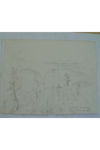 Baden-Baden Altes Schloss Blick ins Rheintal auf die Vogesen Juni 1861 Bleistiftzeichnung