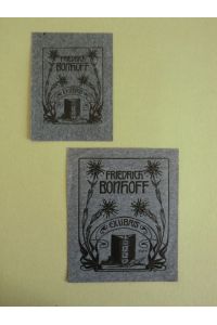 Exlibris für Friedrich Bonhoff. Zwei Blatt-Varianten. Motiv: Florale Ornamentik mit Buch, Schreibfeder und Tintenfass