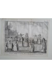 Diverse maniere di vestire, che si costumano dalle Femmine di Augusta. Original Kupferstich um 1741. Blattgröße ca. 20 x 24 cm. Unter Passepartout montiert.