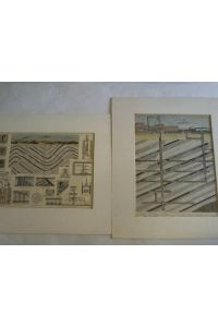 Kohleabbau und Fördermaschinen. 2 handcolorierte Holzschnitte um 1890 unter Passpartouts