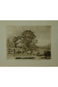 Landscape. From the original drawing in the collection of the Duke of Devonshire: A Landscape with Peasants driving Cattle through a River. Aquatinta-Radierung in Sepia von Richard Earlom.