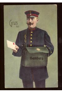 Ansichtskarte AK Gruss aus Hamburg, Briefträger mit Tasche und darin Leporello mit Bildern v. Hamburg
