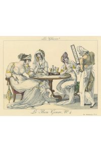 Les Glacer (= Das Eis). Drei elegante Damen in einem Pariser Café beim Eis essen, rechts der Kellner der eine weitere Bestellung aufnimmt.