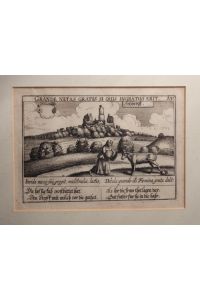 Ansicht von Fetzbergk - Felsberg - Vetzberg, Gießen. Ansicht der Burg. Kupferstich vermutlich aus Meisners 'Schatzkästlein', 1678.   - GRANDE NEFAS GRATIS SI QUIS INGRATUS ERIT.