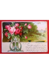 Ansichtskarte AK rote Rosen in Jugendstil-Vase mit Landschaft (Farblitho)