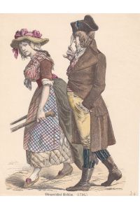 Bürgerliches Kostüm, Französische Revolution, Strohhut, Dreispitz, altkolorierter Holzstich um 1890 mit zwei Personen in zeitgenössischer Mode, Blattgröße: 18, 7 x 14, 5 cm, reine Bildgröße: 18, 5 x 12, 5 cm.
