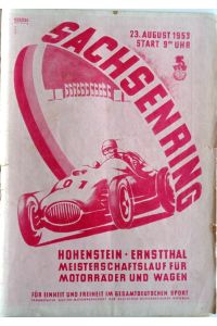 Sachsenringrennen 1953 - Meisterschaftslauf der DDR für Motorräder und Seitenwagengespanne - Meisterschaftslauf der DDR für Sport- und Renn- und Sport-Rennwagen am 23. August 1953. Offizielles Programm.