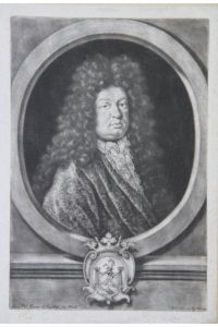 Portrait. Brustfigur mit Perücke in Oval, unten Wappen mit Einhorn. Mezzotinto (Schabkunst) von Elias Christoph Heiss nach Georg Philipp ab Hagelstein.