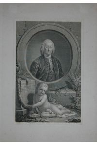 Porträt. Brustbild in Oval, davor Schriftsockel und Knabe. Kupferstich von Johann Friedrich Bause nach Anton Graff und Oeser.
