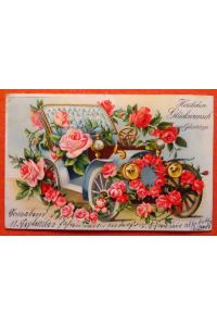 Ansichtskarte AK Herzlichen Glückwunsch zum Geburtstage (Litho Oldtimer mit Blumen, Prägedruck)