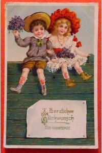 Ansichtskarte AK Herzlichen Glückwunsch zum Geburtstage (2 Kinder mit Blumensträußen auf Mauer)