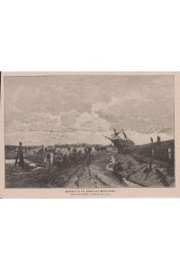 Orig. Holzstich: Kanalbau an den Hochmooren Ostfrieslands.   - Nach einem Gemälde von F. Kallmorgen.