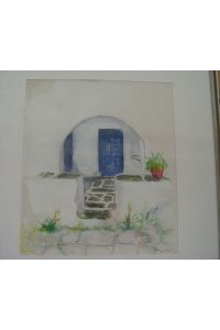 Griechenland Haus mit Blauer Tür zur Terasse und Blumenstock, Aquarell um 1960