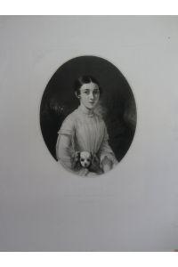 Portrait. Halbfigur en face in Oval mit kleinem Schoßhund. Großformatige Aquatinta-Radierung von H. Garnier nach dem Gemälde von Johann Grund.