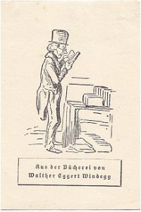 Exlibris. Motiv: Männliche Person des 19. Jahrhunderts beim Lesen vor Bücherkisten. Klischee, 11 x 8 cm.